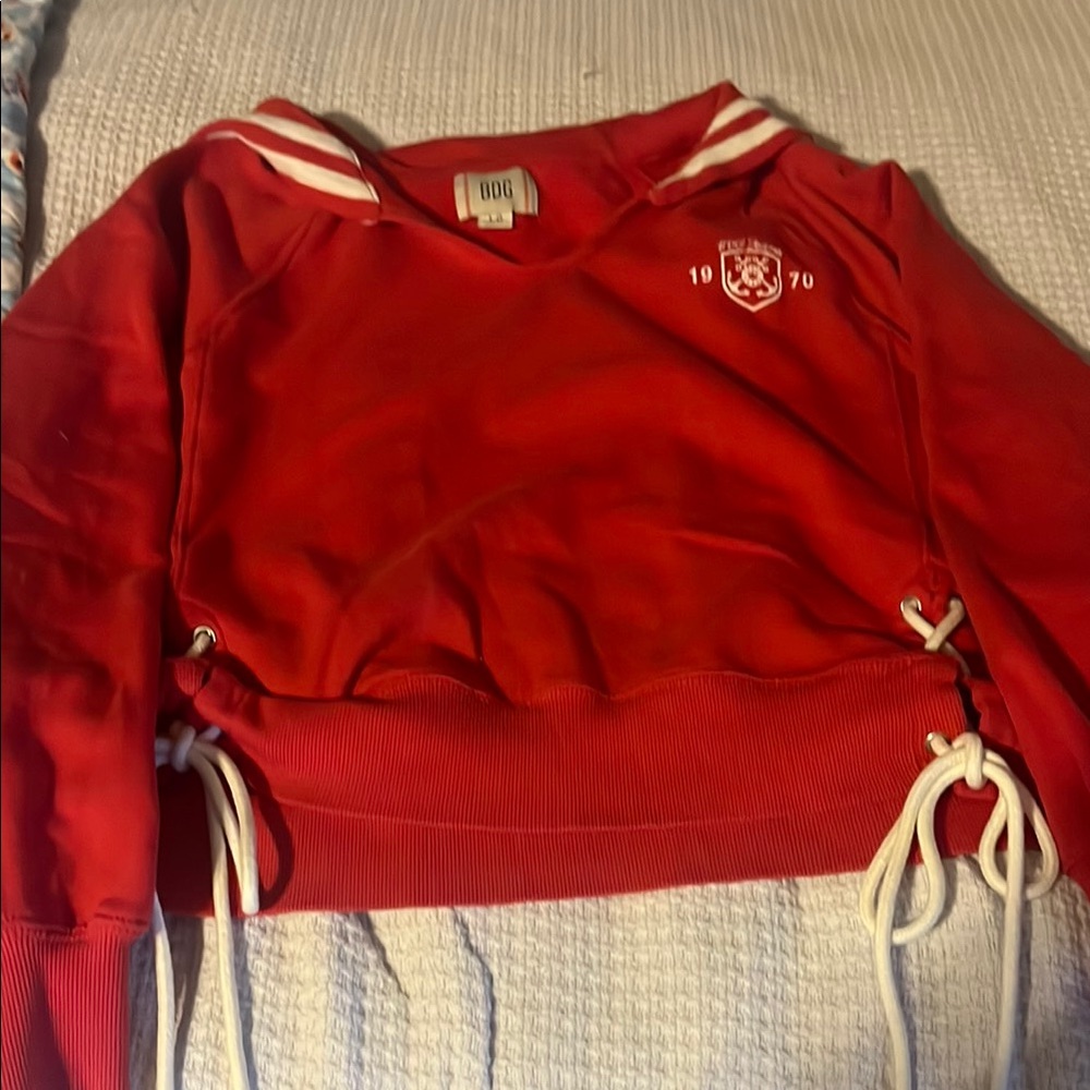 BDG Red Crop Hoodie with Sailor Collar and Tie Front